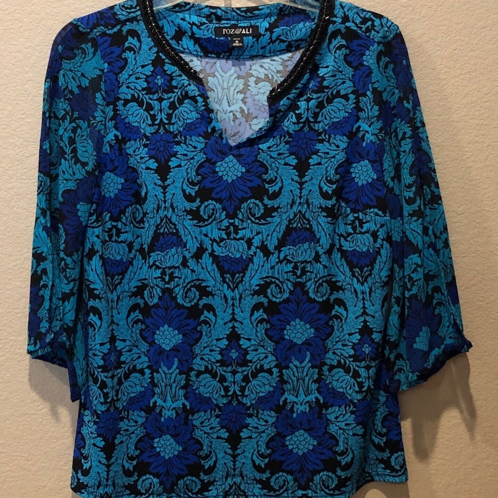 Women's Roz & Ali Beautiful Blue Embellished Split Neck Sheer Split Sleeve Top
